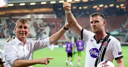 Ciaran Kilduff shoves his man out of his bloody way and heads Dundalk into history