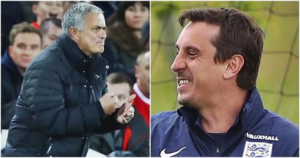 Gary Neville couldn’t resist sharing a remarkable image of Jose Mourinho’s less than hostile Anfield welcome