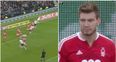 Nicklas Bendtner scores a nice glancing header, too bad it was an own goal