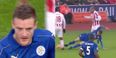 Jamie Vardy sent off against Stoke for this two-footed challenge and it seems rather harsh