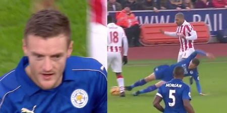 Jamie Vardy sent off against Stoke for this two-footed challenge and it seems rather harsh