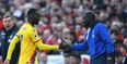 Liverpool player Mamadou Sakho celebrates with Christian Benteke after he scored against Liverpool