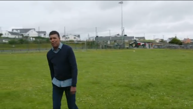 Chris Kamara attempts a 45, ends up pulling hamstring and clocking a tractor