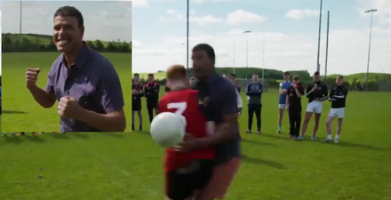 Chris Kamara stands up to shoulder from Tyrone man, ends in disaster