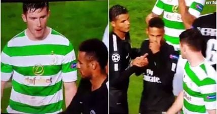 Neymar laughs and refuses to shake the hand of Celtic’s Tony Ralston at full-time