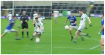 Moorefield centre back bursts through three tackles to split the posts