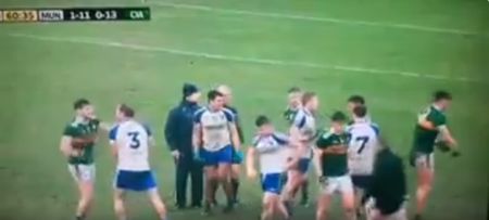 David Clifford gestures that he was hit in the testicles in Monaghan melee