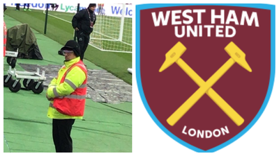 West Ham stewards wearing football boots and safety goggles at the London Stadium ahead of potential pitch invasion