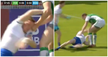 Conor McManus is lucky he didn’t get sent off for being dragged around the ground