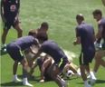 Philippe Coutinho has eggs and flour thrown on him by Brazil teammates