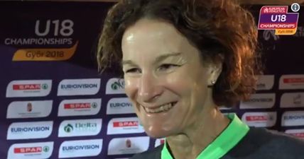 Ecstatic parent Sonia O’Sullivan celebrates her daughter Sophie’s silver medal