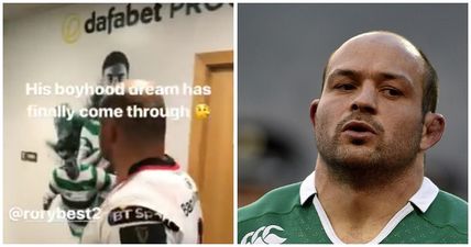 Johnny Sexton rinses Rory Best as he walks through Celtic Park