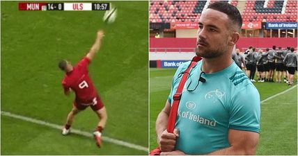 Munster scrum-half Alby Mathewson flings 30-yard ‘quarterback’ pass