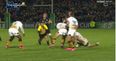 Leinster flanker Rhys Ruddock floors referee Romain Poite in back play