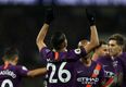 Riyad Mahrez points skywards after scoring Man City’s opener in tribute to Leicester owner