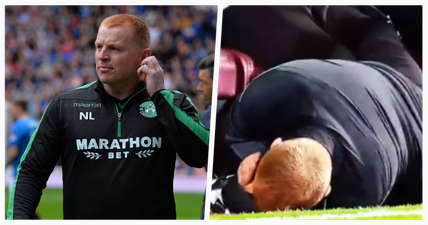 Neil Lennon struck by a coin thrown from crowd during Edinburgh derby