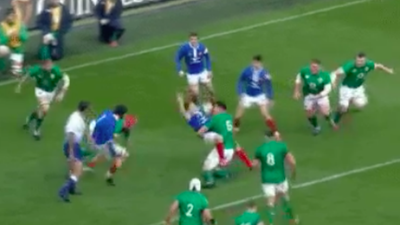 France scrum half finds out what happens when you take a run at James Ryan