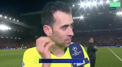 Sergio Busquets cries during interview after Barcelona defeat to Liverpool