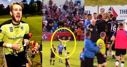 UCD keeper celebrates in front of Bohs fans kicking it all off at the UCD Bowl