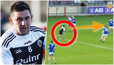 Darryl Branagan runs himself into the Healy Park grass for Kilcoo