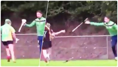 Cait Devane wins ruck with broken hurl, collects a new one, almost scores incredible point