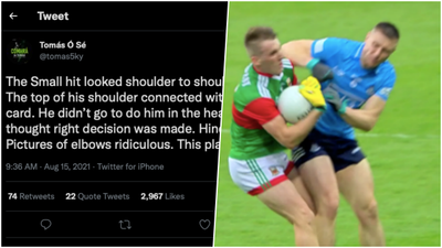 “The top of his shoulder connected with head” – Tomás Ó Sé reviews the John Small tackle on Twitter