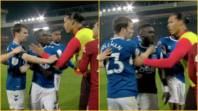 Virgil van Dijk and Seamus Coleman go at it in Merseyside derby melee