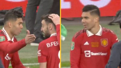 Casemiro appears to take issue Bruno Fernandes during Carabao Cup celebrations