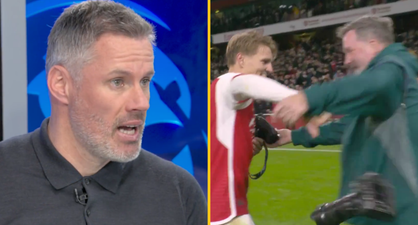 Jamie Carragher scolds Martin Ødegaard for his celebrations after Arsenal’s win over Liverpool